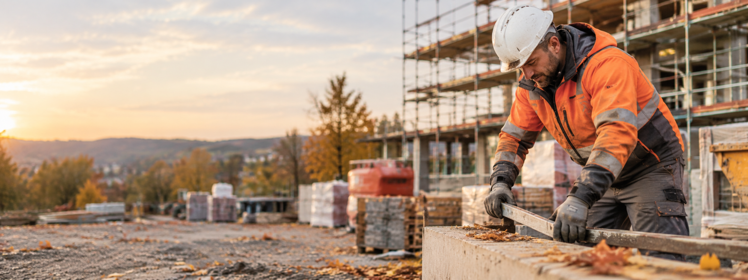 Ouvrier du bâtiment équipé de protections individuelles SAFEPI sur un chantier en automne